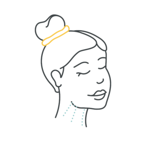 Line drawing of woman with hair up representing where the injection spots are for the neck lift. The dots are under the chin and down the neck