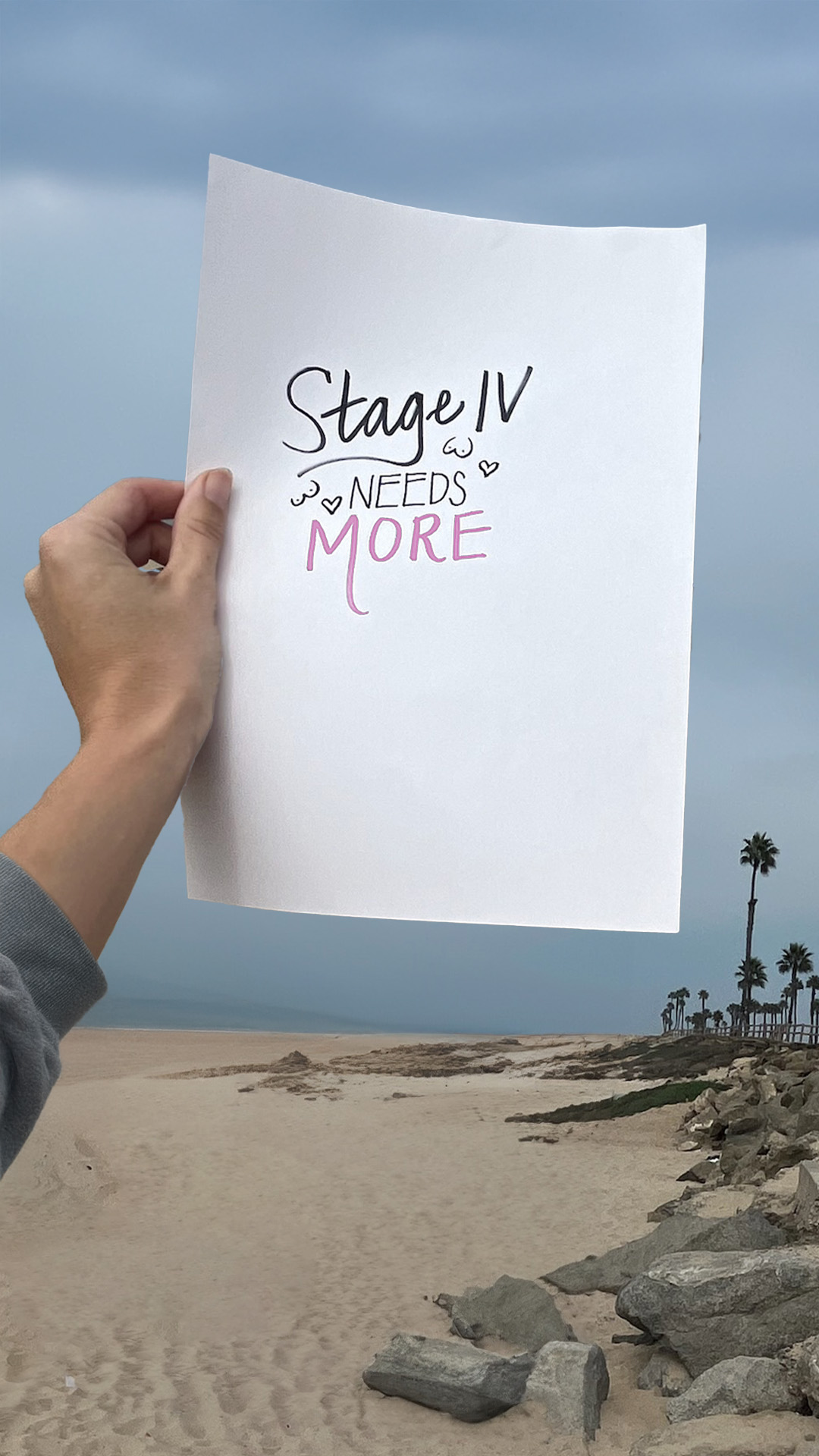 Image of paper that says Stage IV Needs More being held up in the air with the beach in the background