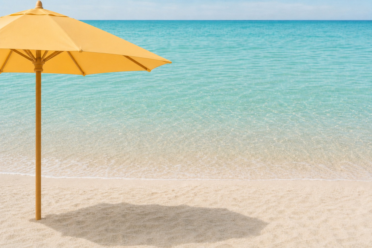 Yellow beach umbrella on a calm teal beach, representing minimal downtime body procedures for summer at Anne Peled MD